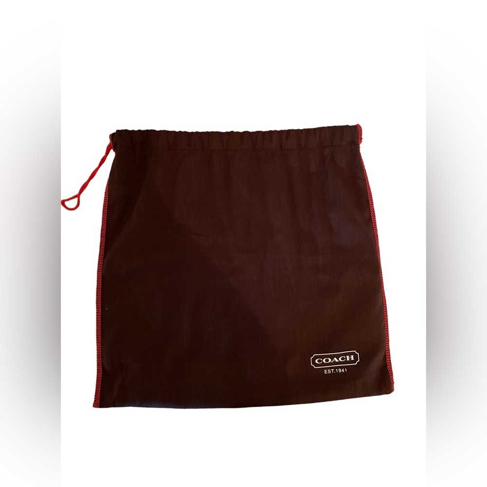 Coach brown fabric dust bag with logo and red drawstring
